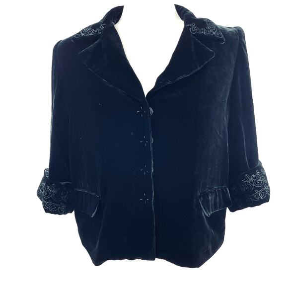 Tahari Black Velvet Embroidered Trim Cropped Ruffle Hem Evening Dressy Jacket 6 - Picture 1 of 14